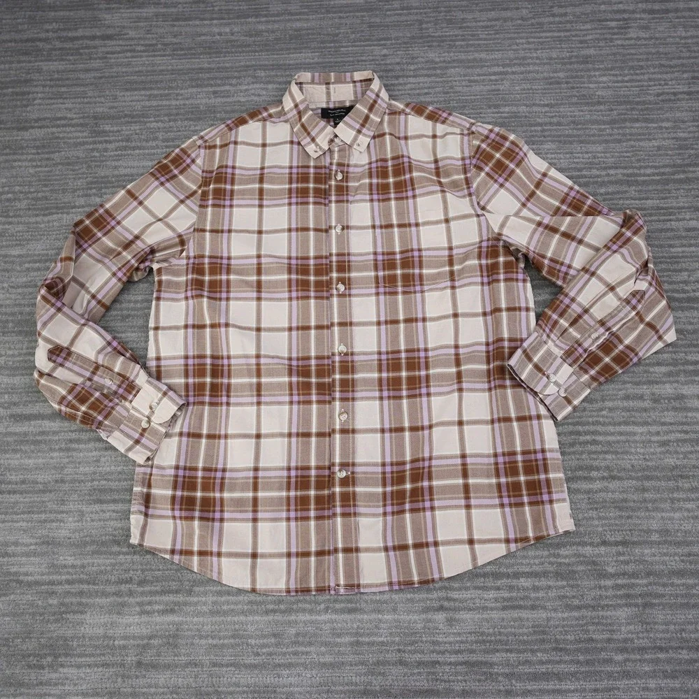 Banana Republic Shirt Men Slim Untucked Plaid Button‎ Down Brown Purple Large